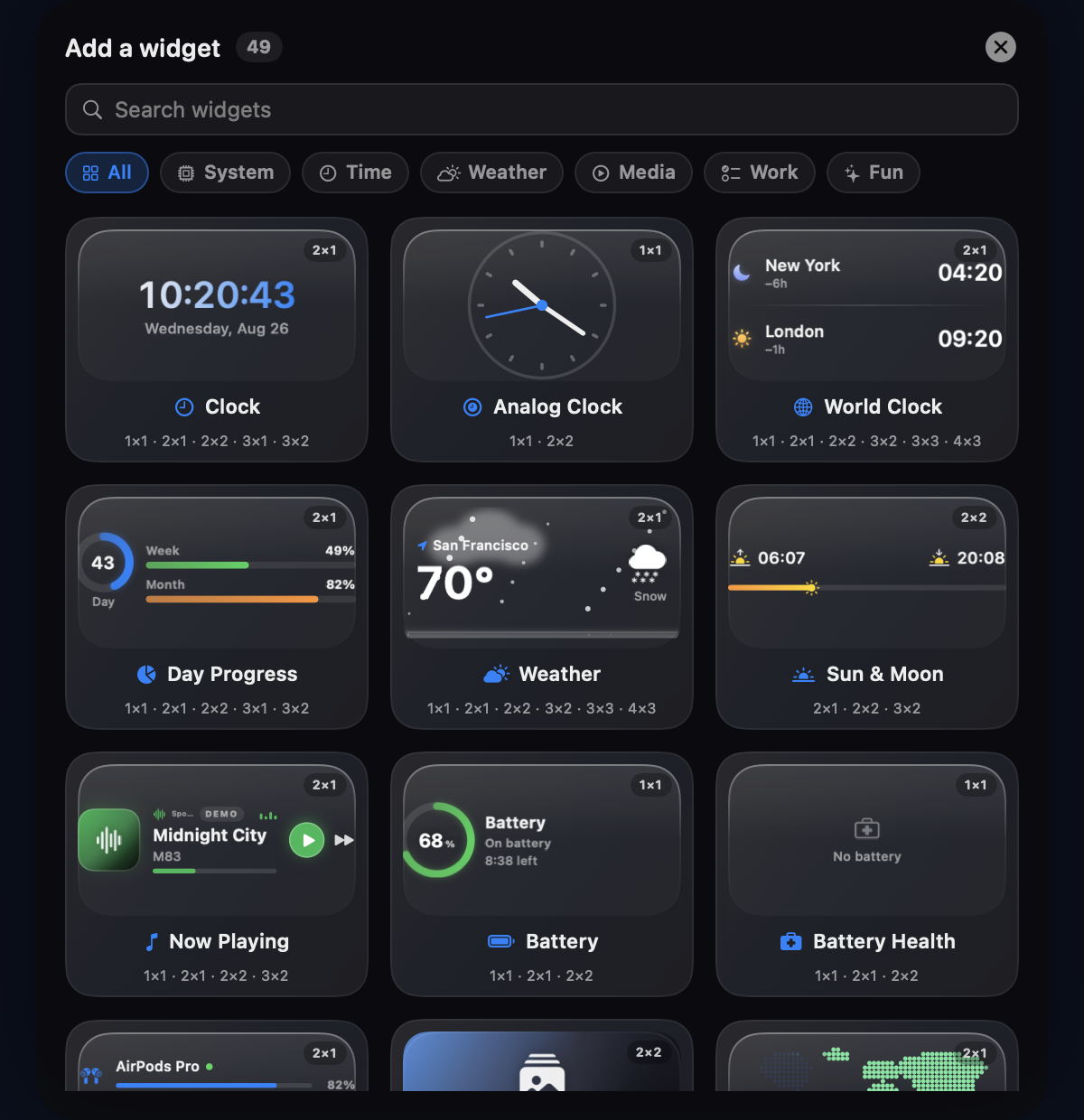 Notchmate widget gallery with search and categories